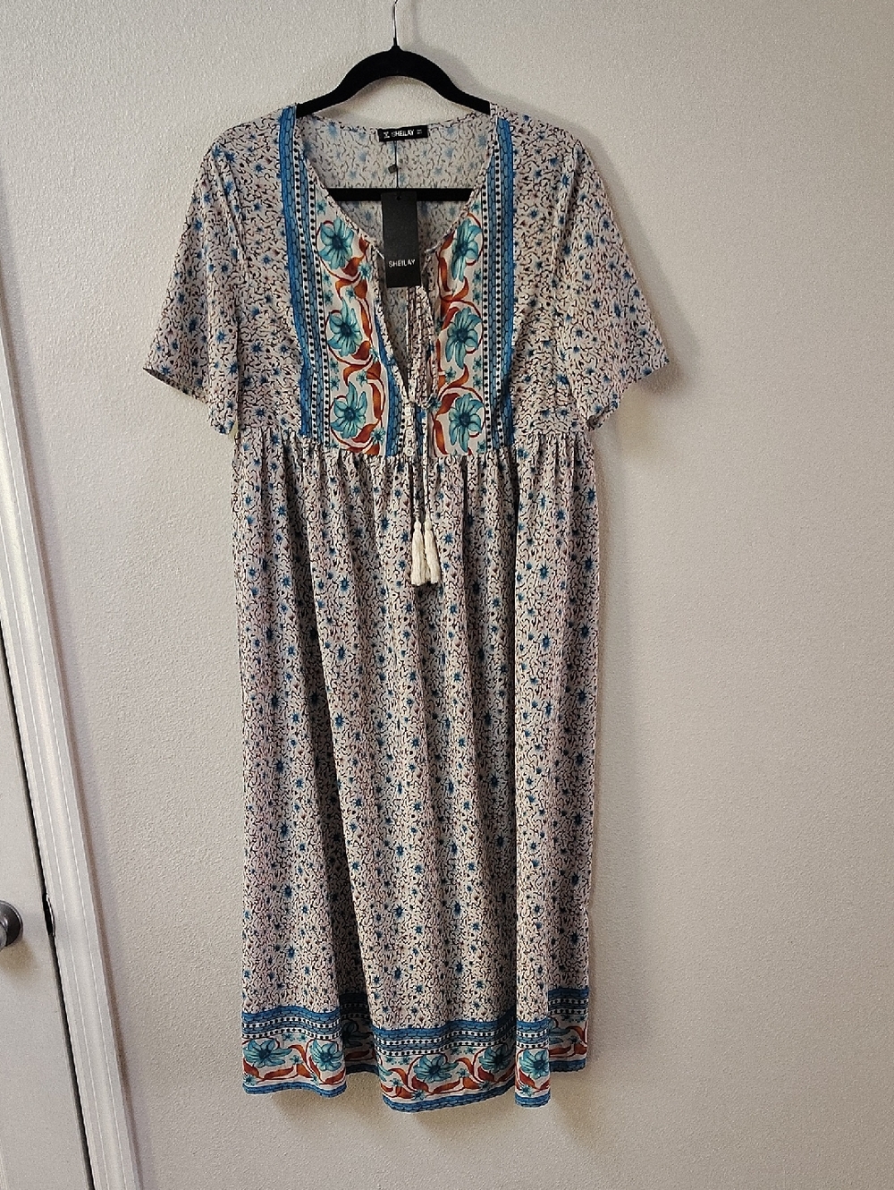 Sheilay Floral Boho Midi Dress Blue Rust Tassel Babydoll Short Sleeve Small NWT